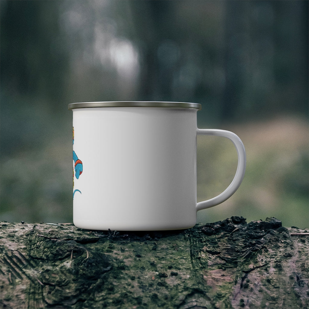 Aqrine Enamel Camping Mug in a rustic outdoor setting, showcasing its durable design and personalized printing options.