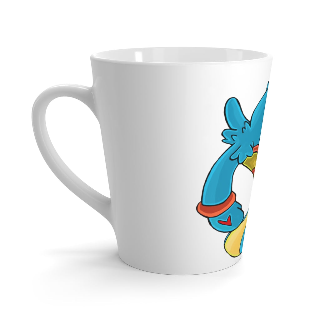 Aqrine Latte Mug in white ceramic with rounded corners and C-handle, showcasing vibrant sublimation print.