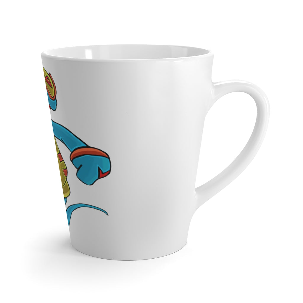 Aqrine Latte Mug in white ceramic with rounded corners and C-handle, showcasing vibrant sublimation print.