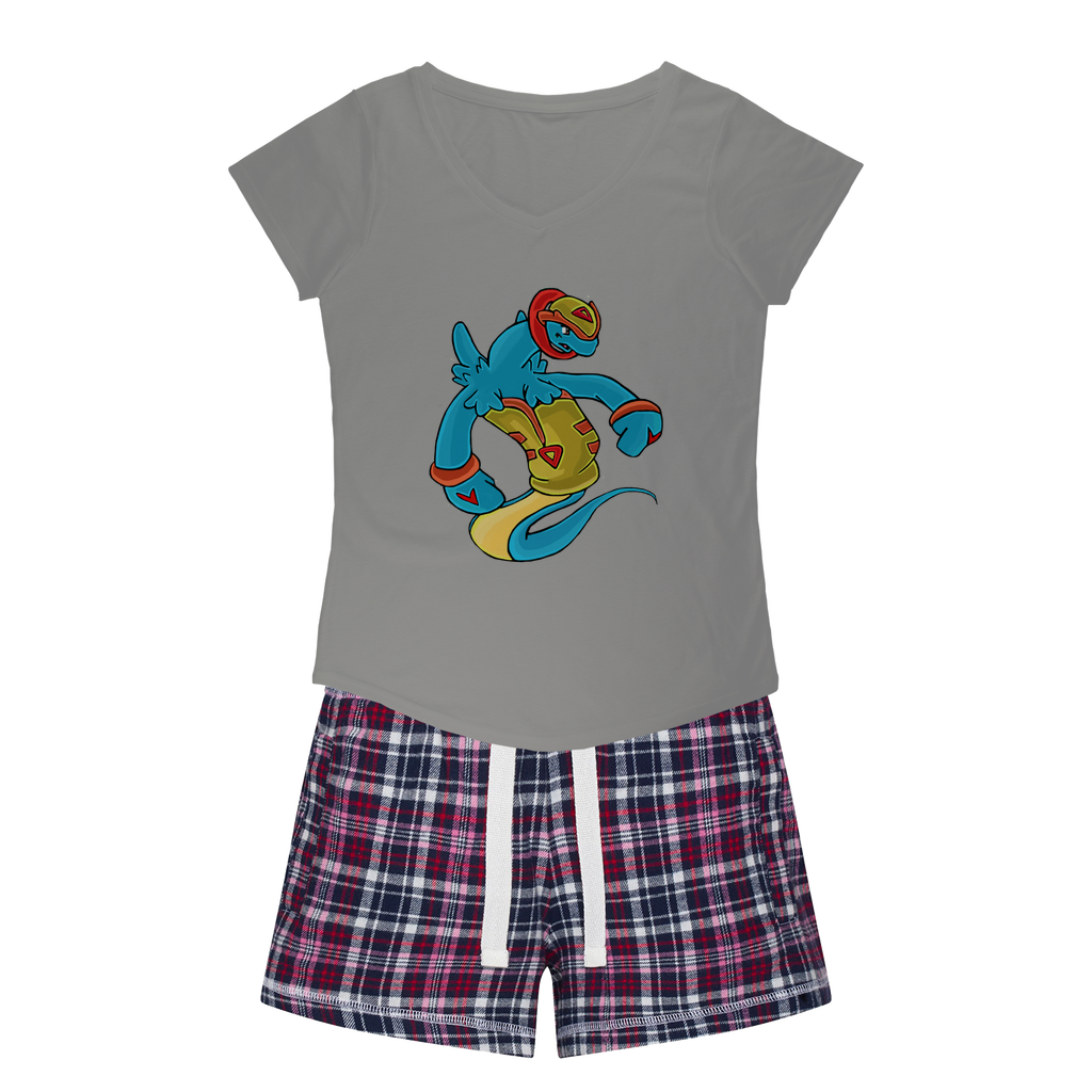 Aqrine Women's Sleepy Tee and Flannel Short set featuring a relaxed fit T-shirt and colorful flannel shorts, perfect for cozy nights.