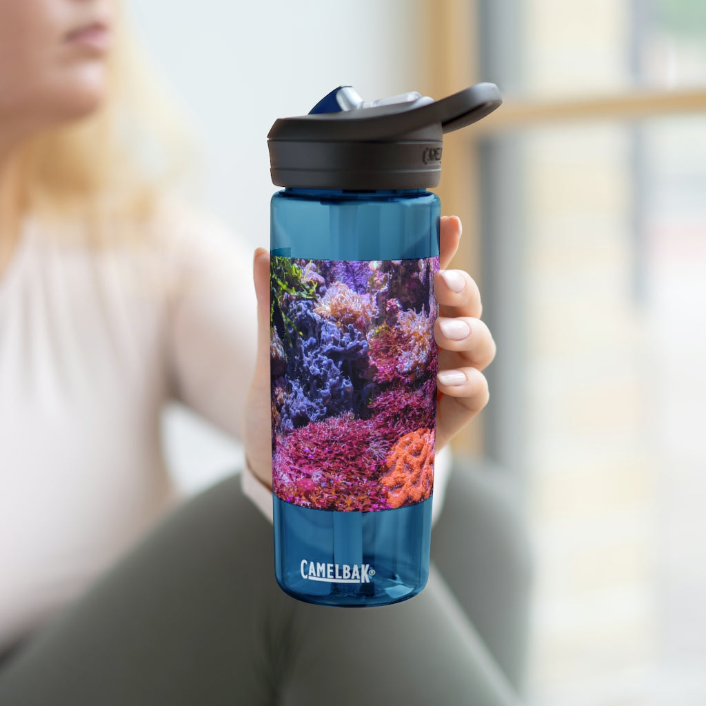 Aquarium CamelBak Eddy® Water Bottle in 20oz and 25oz sizes, showcasing its durable Tritan™ material and spill-proof design.