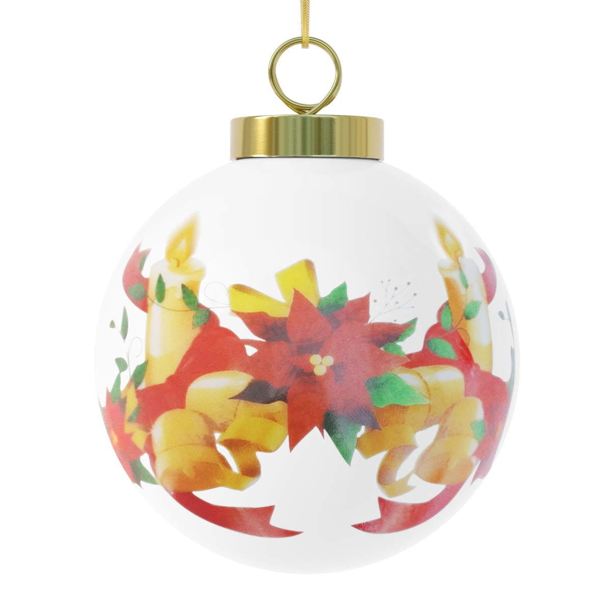 A beautiful 3-inch ceramic Christmas ball ornament with a glossy finish, featuring a gold ribbon for hanging and a vintage style design.