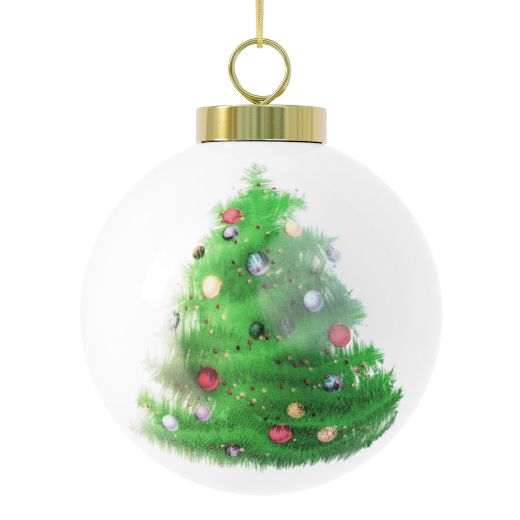 A beautiful 3-inch ceramic Christmas ball ornament with a glossy finish, featuring a gold ribbon for hanging and a vintage design.