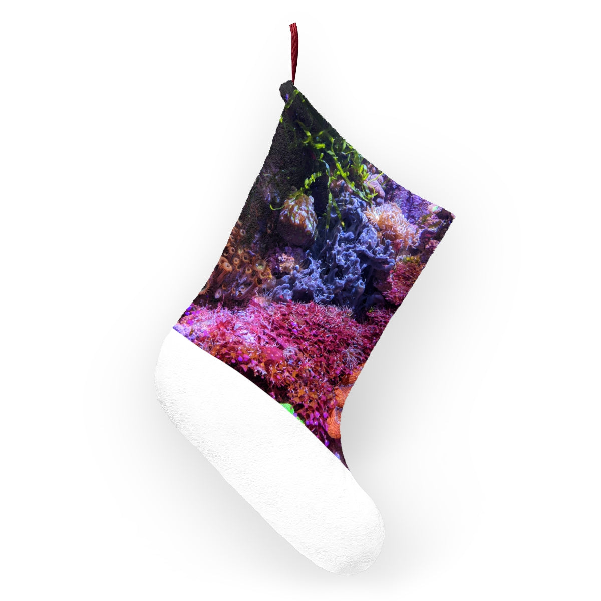 Personalized Aquarium Christmas Stockings made of soft polyester fleece, featuring a twill ribbon loop for hanging, perfect for festive decorations.