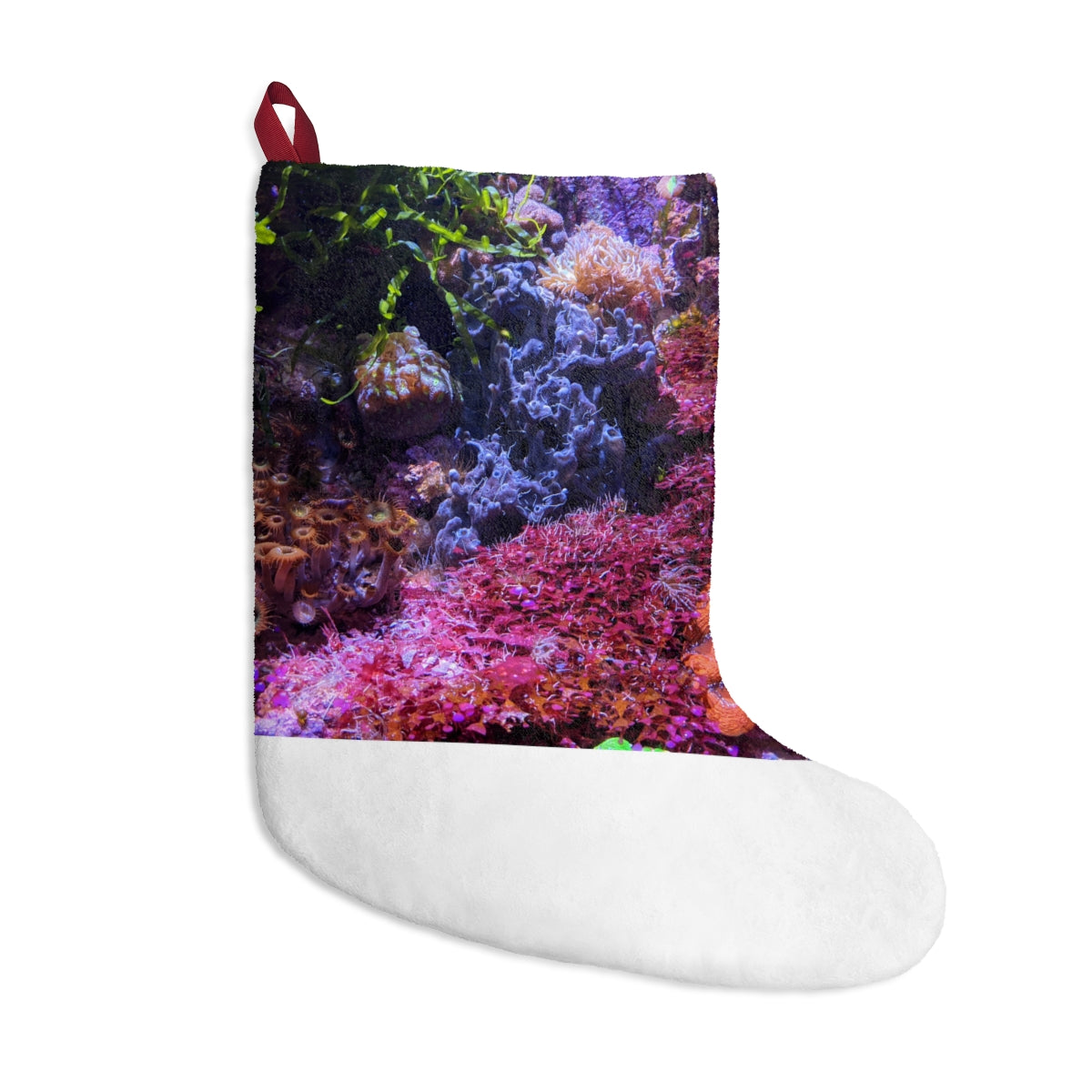 Personalized Aquarium Christmas Stockings made of soft polyester fleece, featuring a twill ribbon loop for hanging, perfect for festive decorations.