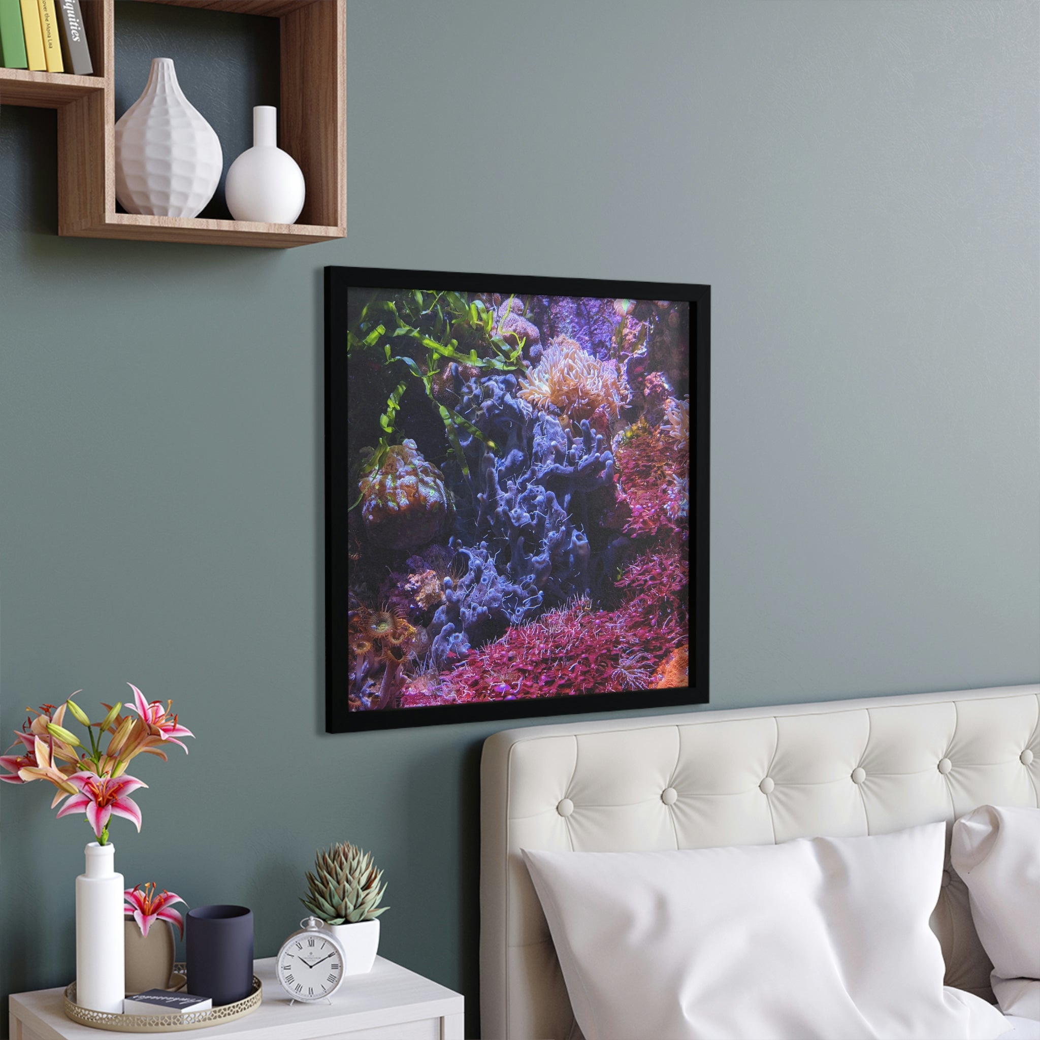 Aquarium Coral Framed Poster featuring vibrant coral design in a hand-crafted wooden frame, perfect for home decor.