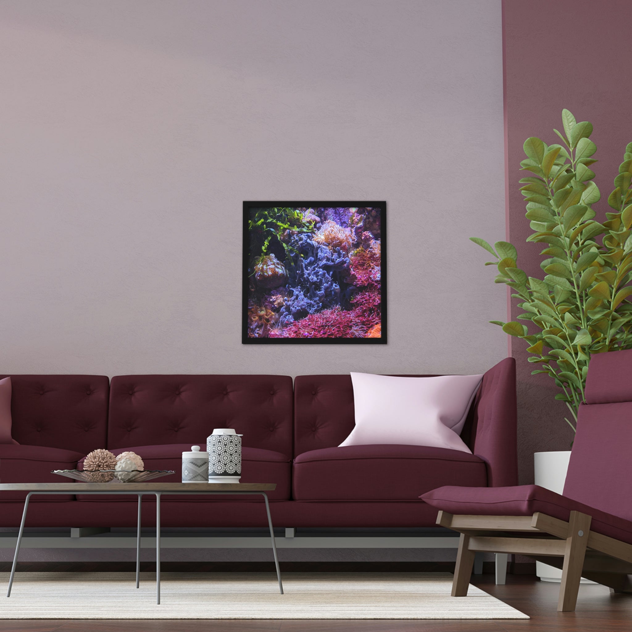 Aquarium Coral Framed Poster featuring vibrant coral design in a hand-crafted wooden frame, perfect for home decor.