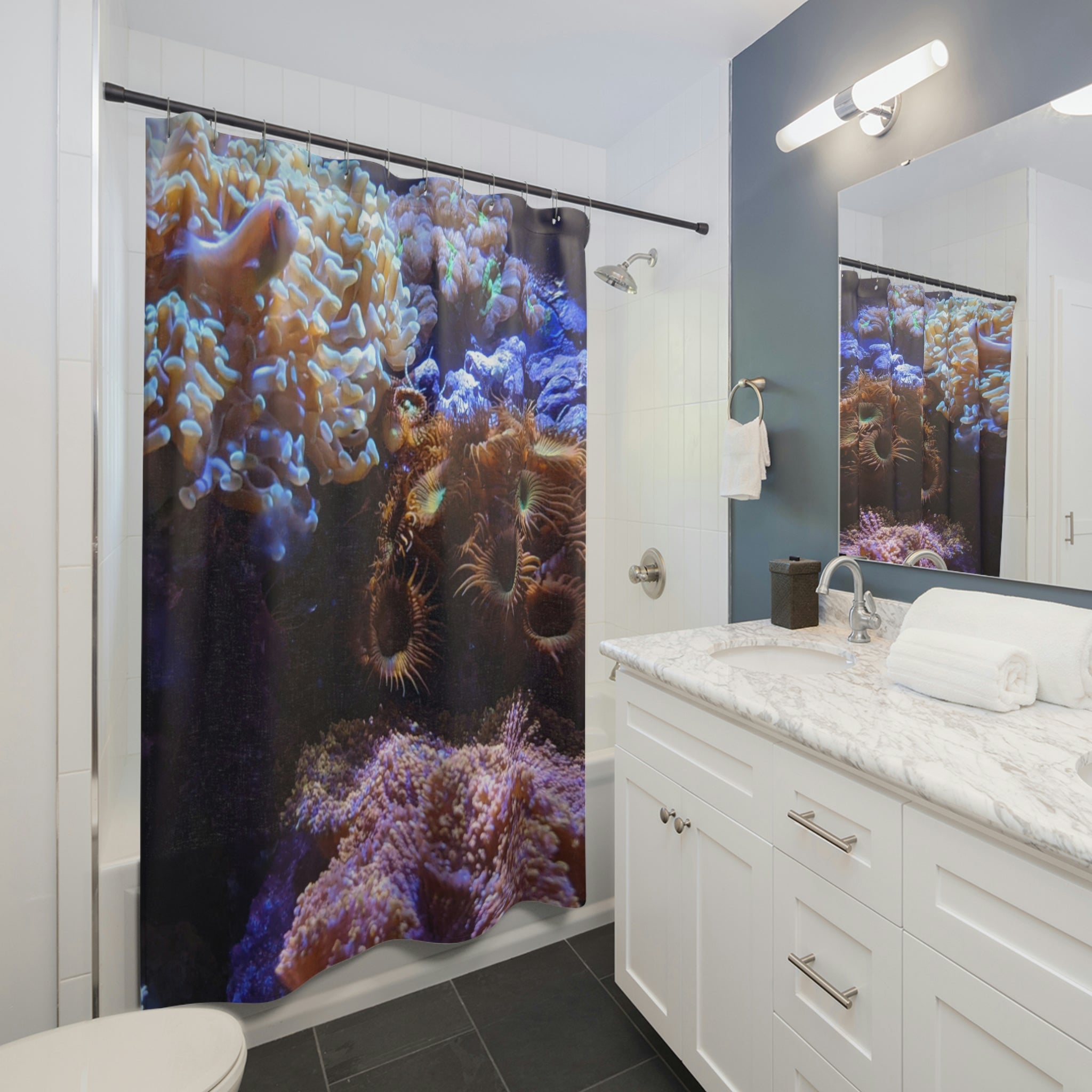 Aquarium Coral Shower Curtain featuring vibrant coral designs on durable polyester fabric, perfect for enhancing bathroom decor.