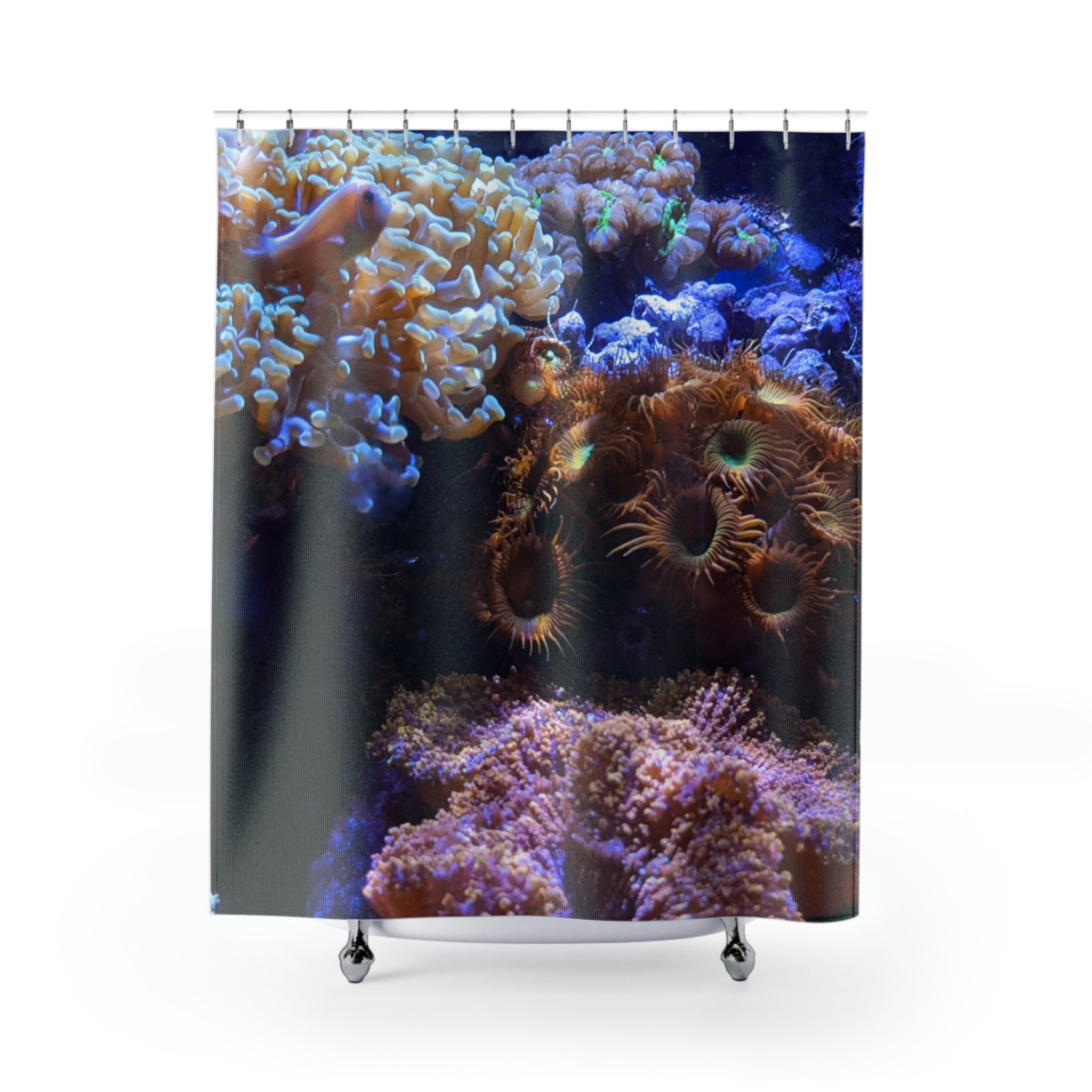 Aquarium Coral Shower Curtain featuring vibrant coral designs on durable polyester fabric, perfect for enhancing bathroom decor.