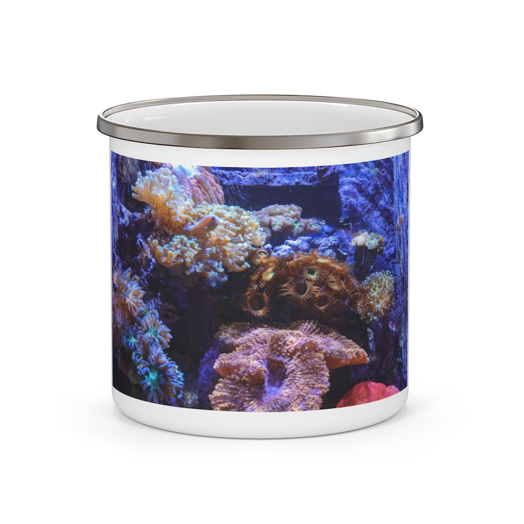 Aquarium Enamel Camping Mug with a stylish design, featuring a C-handle and rounded corners, perfect for outdoor adventures.