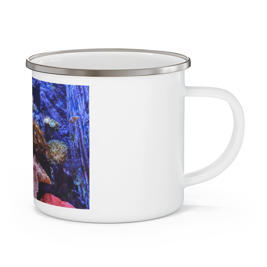 Aquarium Enamel Camping Mug with a stylish design, featuring a C-handle and rounded corners, perfect for outdoor adventures.