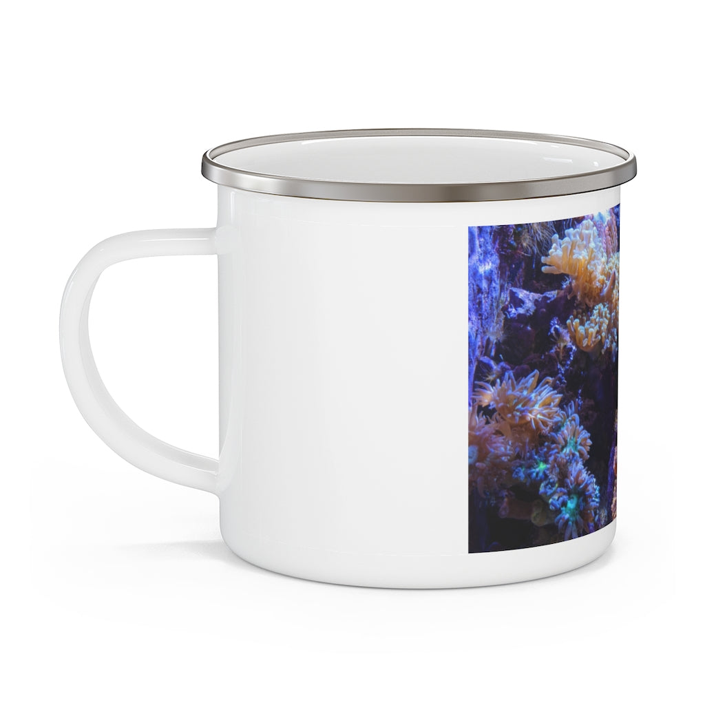 Aquarium Enamel Camping Mug with a stylish design, featuring a C-handle and rounded corners, perfect for outdoor adventures.