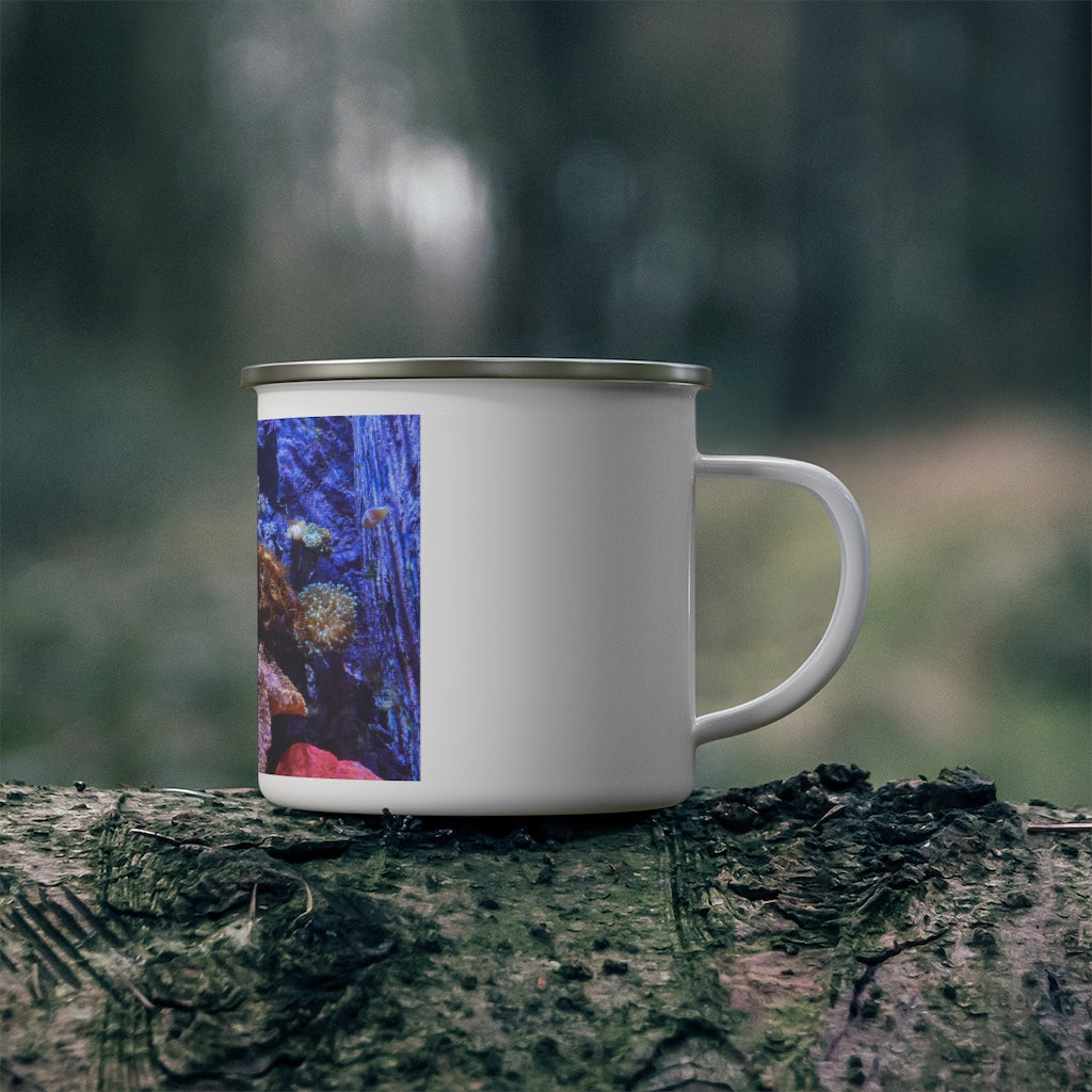 Aquarium Enamel Camping Mug with a stylish design, featuring a C-handle and rounded corners, perfect for outdoor adventures.