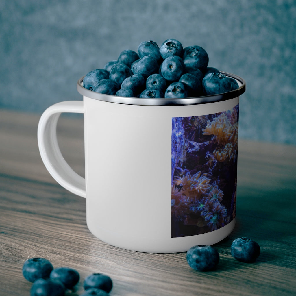 Aquarium Enamel Camping Mug with a stylish design, featuring a C-handle and rounded corners, perfect for outdoor adventures.