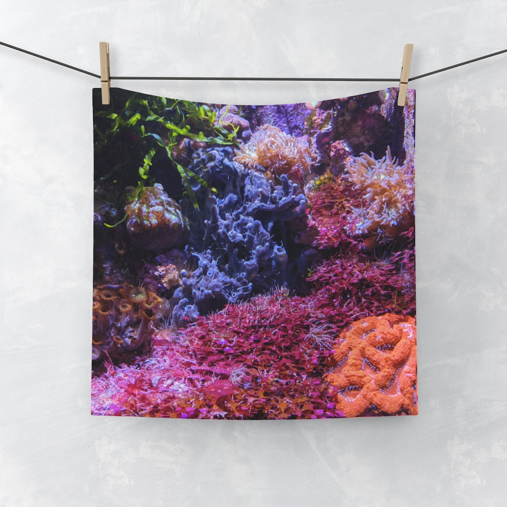 Aquarium Face Towel featuring a vibrant custom design on a polyester blend front and soft cotton back, perfect for bathroom use.