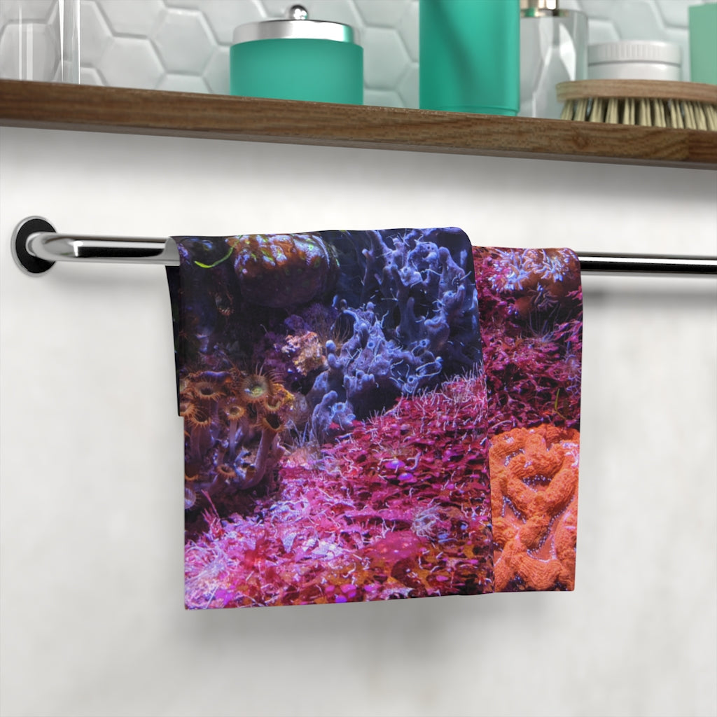 Aquarium Face Towel featuring a vibrant custom design on a polyester blend front and soft cotton back, perfect for bathroom use.