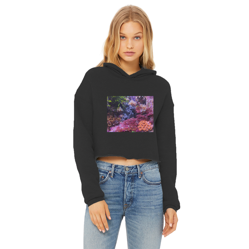 Aquarium Ladies Cropped Raw Edge Hoodie in various colors, showcasing its stylish design and raw edge hem.