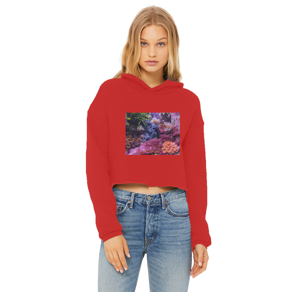 Aquarium Ladies Cropped Raw Edge Hoodie in various colors, showcasing its stylish design and raw edge hem.