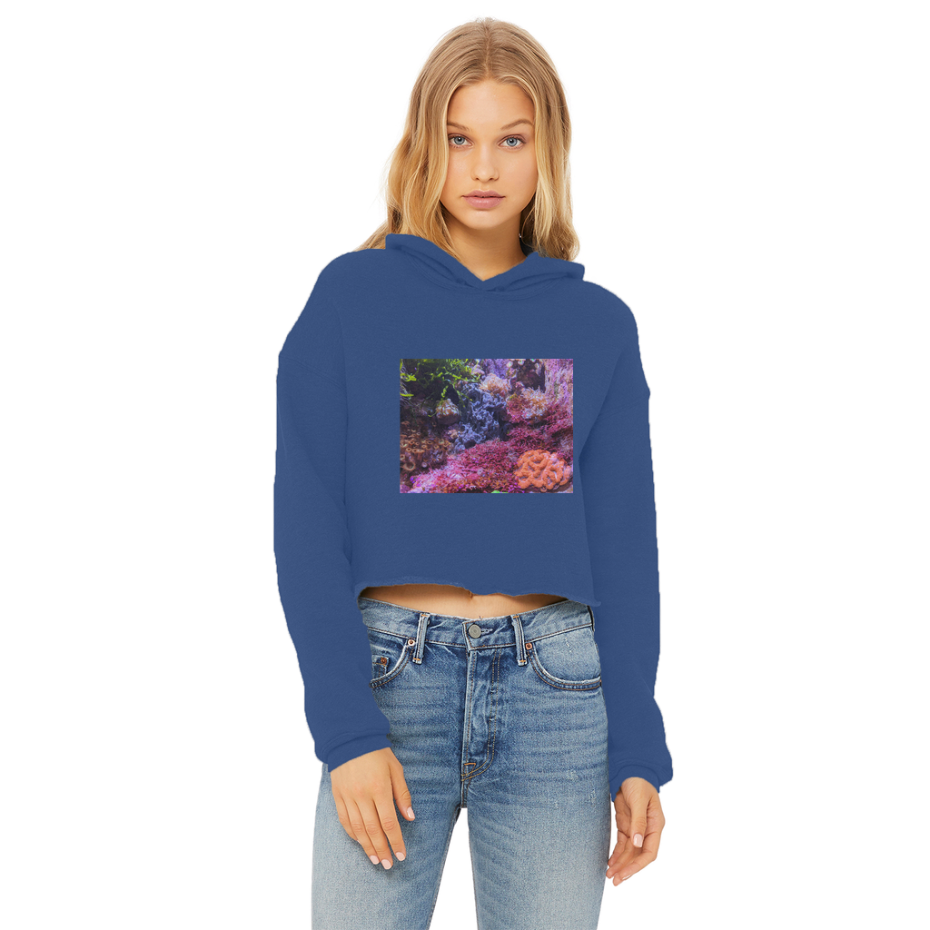 Aquarium Ladies Cropped Raw Edge Hoodie in various colors, showcasing its stylish design and raw edge hem.