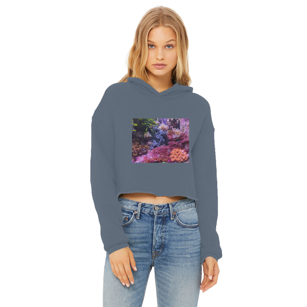 Aquarium Ladies Cropped Raw Edge Hoodie in various colors, showcasing its stylish design and raw edge hem.