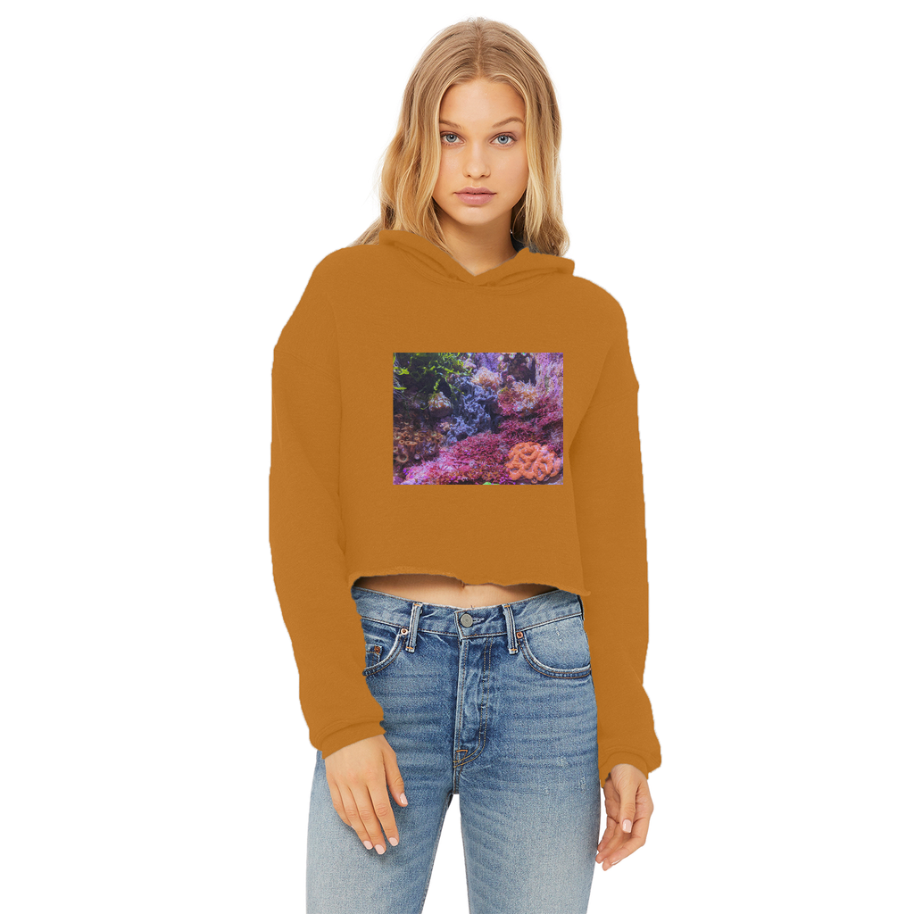 Aquarium Ladies Cropped Raw Edge Hoodie in various colors, showcasing its stylish design and raw edge hem.