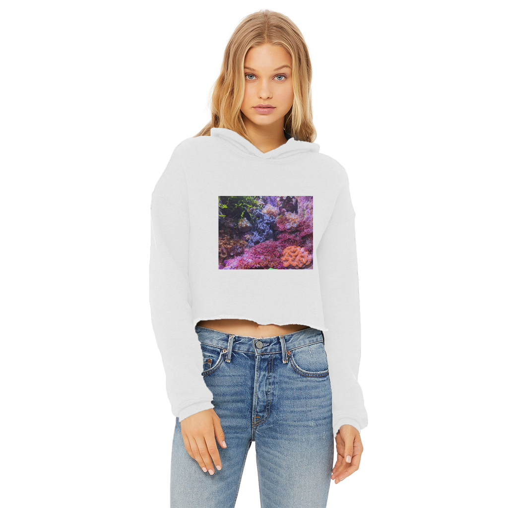 Aquarium Ladies Cropped Raw Edge Hoodie in various colors, showcasing its stylish design and raw edge hem.