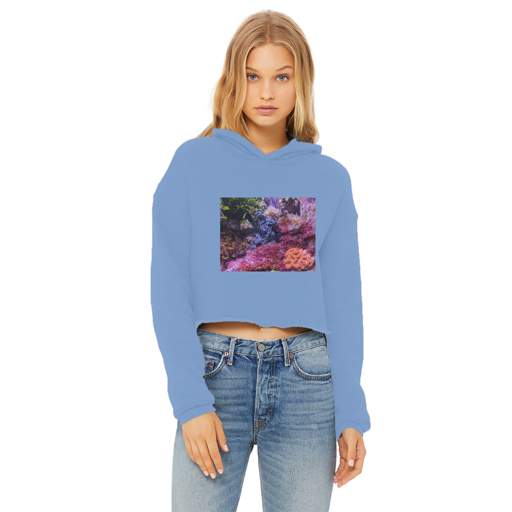 Aquarium Ladies Cropped Raw Edge Hoodie in various colors, showcasing its stylish design and raw edge hem.