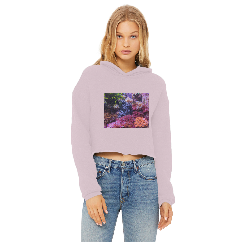 Aquarium Ladies Cropped Raw Edge Hoodie in various colors, showcasing its stylish design and raw edge hem.