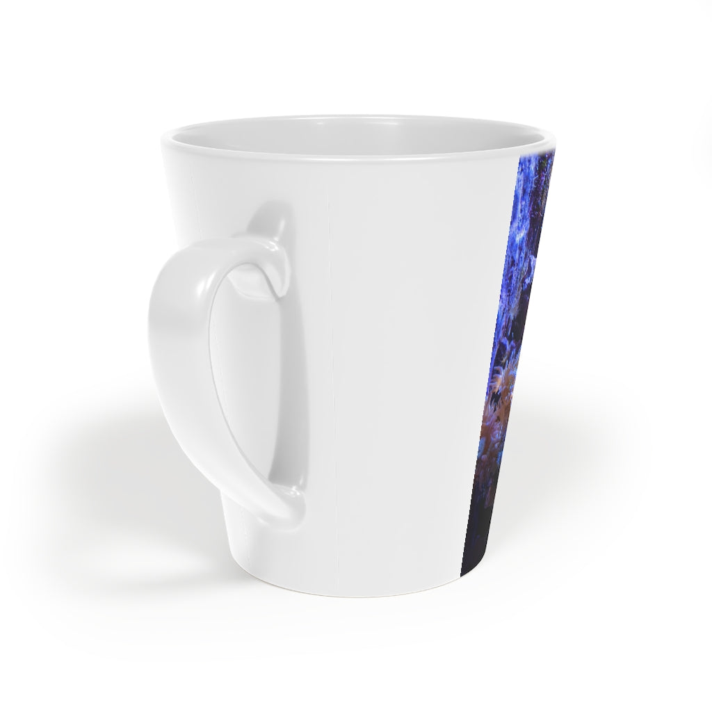 A stylish 12oz Aquarium Latte Mug made of durable white ceramic with a scratch-resistant finish and an easy-grip handle.