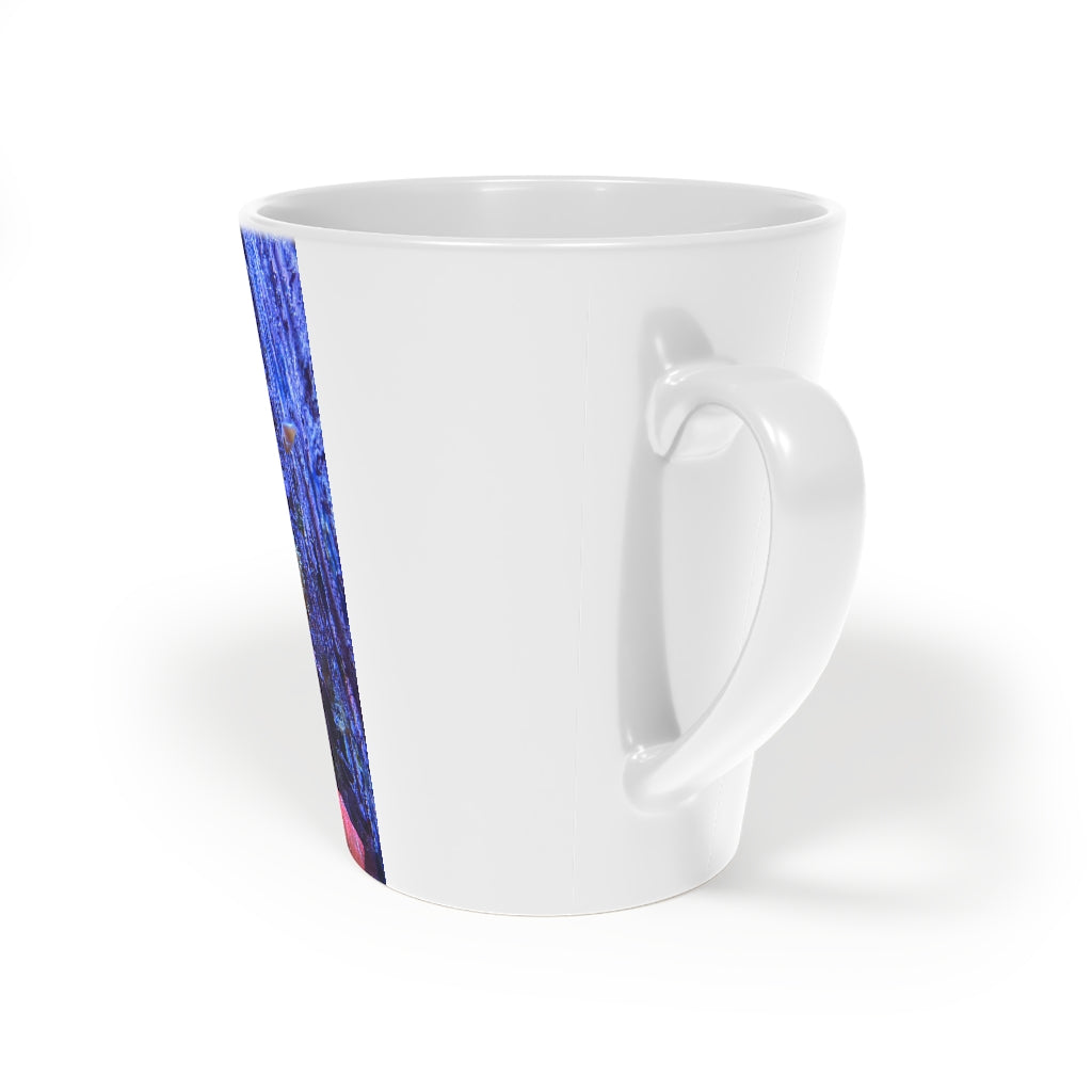 A stylish 12oz Aquarium Latte Mug made of durable white ceramic with a scratch-resistant finish and an easy-grip handle.