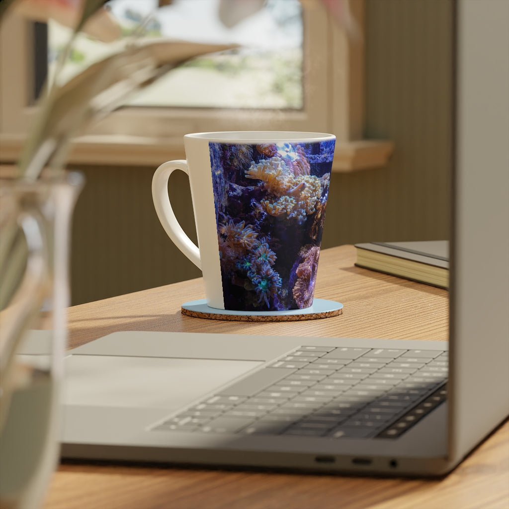 A stylish 12oz Aquarium Latte Mug made of durable white ceramic with a scratch-resistant finish and an easy-grip handle.