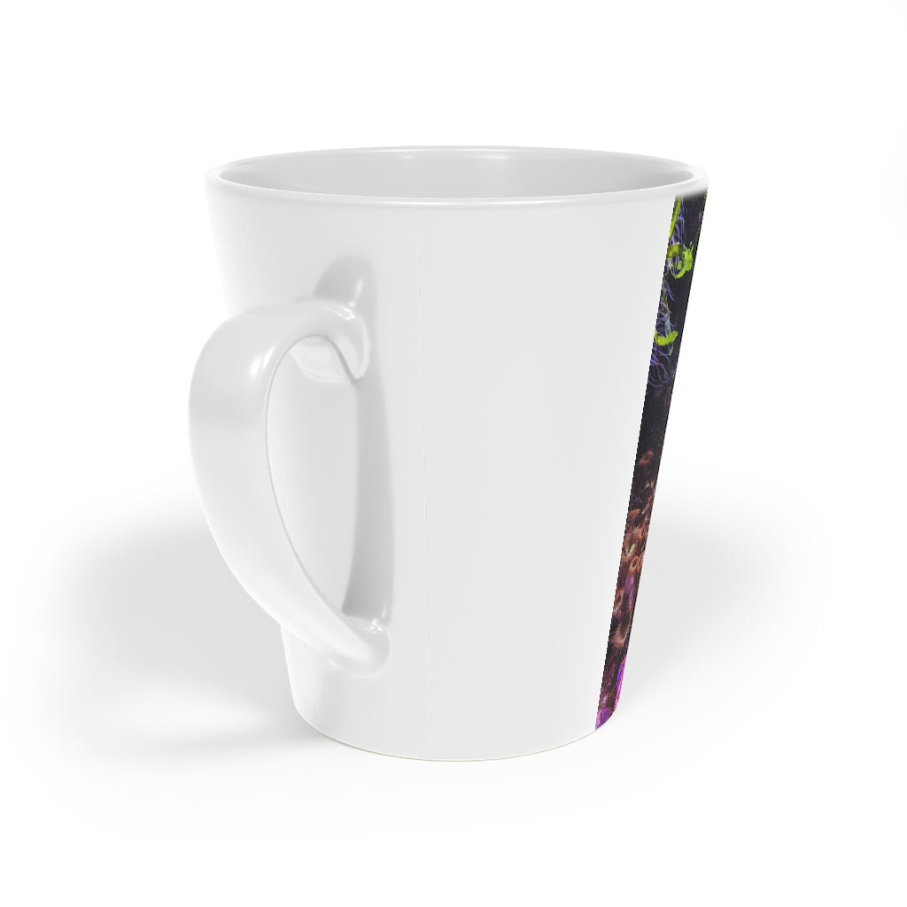 A stylish 12oz Aquarium Latte Mug made of durable white ceramic with a scratch-resistant finish and an easy-grip handle.