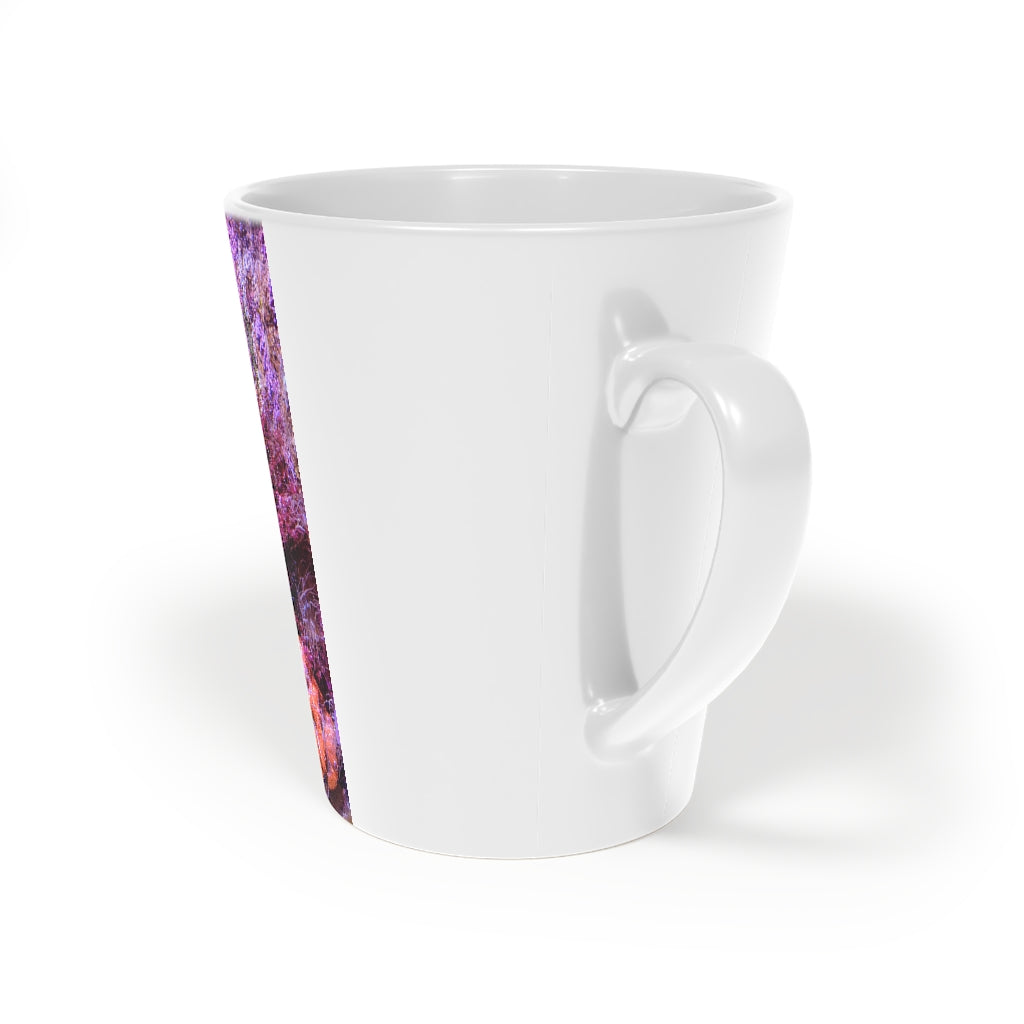 A stylish 12oz Aquarium Latte Mug made of durable white ceramic with a scratch-resistant finish and an easy-grip handle.