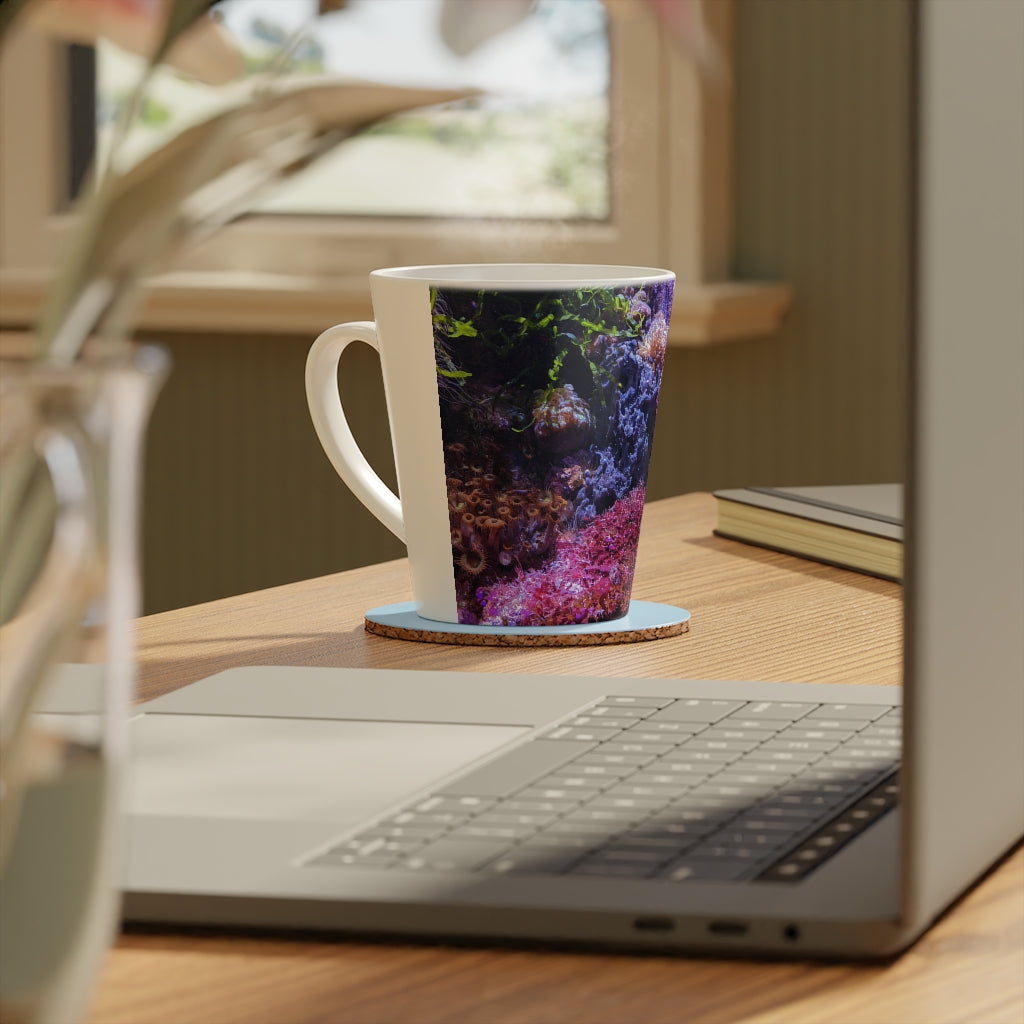 A stylish 12oz Aquarium Latte Mug made of durable white ceramic with a scratch-resistant finish and an easy-grip handle.