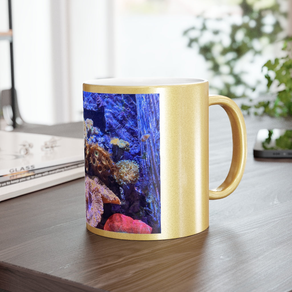 Aquarium Metallic Mug in Gold and Silver finishes, showcasing personalized designs and a comfortable C-handle.