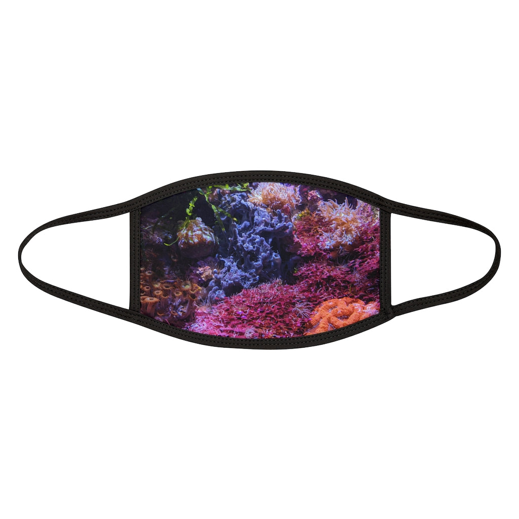 Aquarium Mixed-Fabric Face Mask featuring a vibrant aquarium design with a black outer edge and earloops.