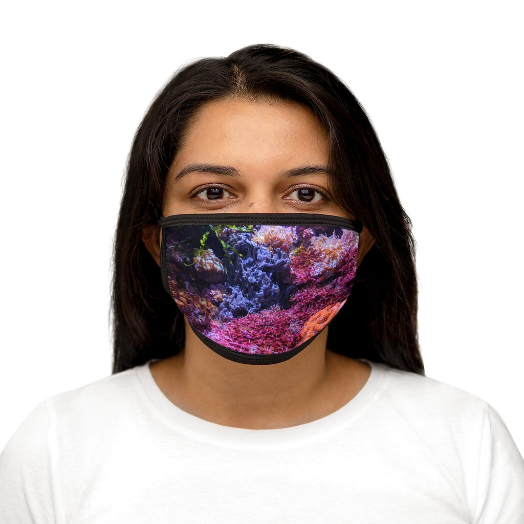 Aquarium Mixed-Fabric Face Mask featuring a vibrant aquarium design with a black outer edge and earloops.