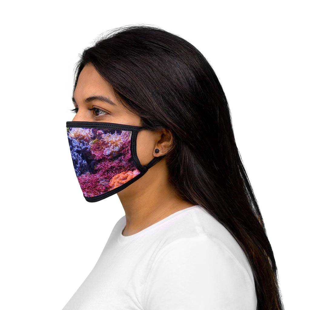 Aquarium Mixed-Fabric Face Mask featuring a vibrant aquarium design with a black outer edge and earloops.