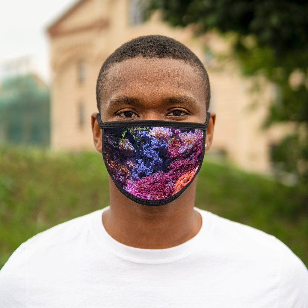 Aquarium Mixed-Fabric Face Mask featuring a vibrant aquarium design with a black outer edge and earloops.