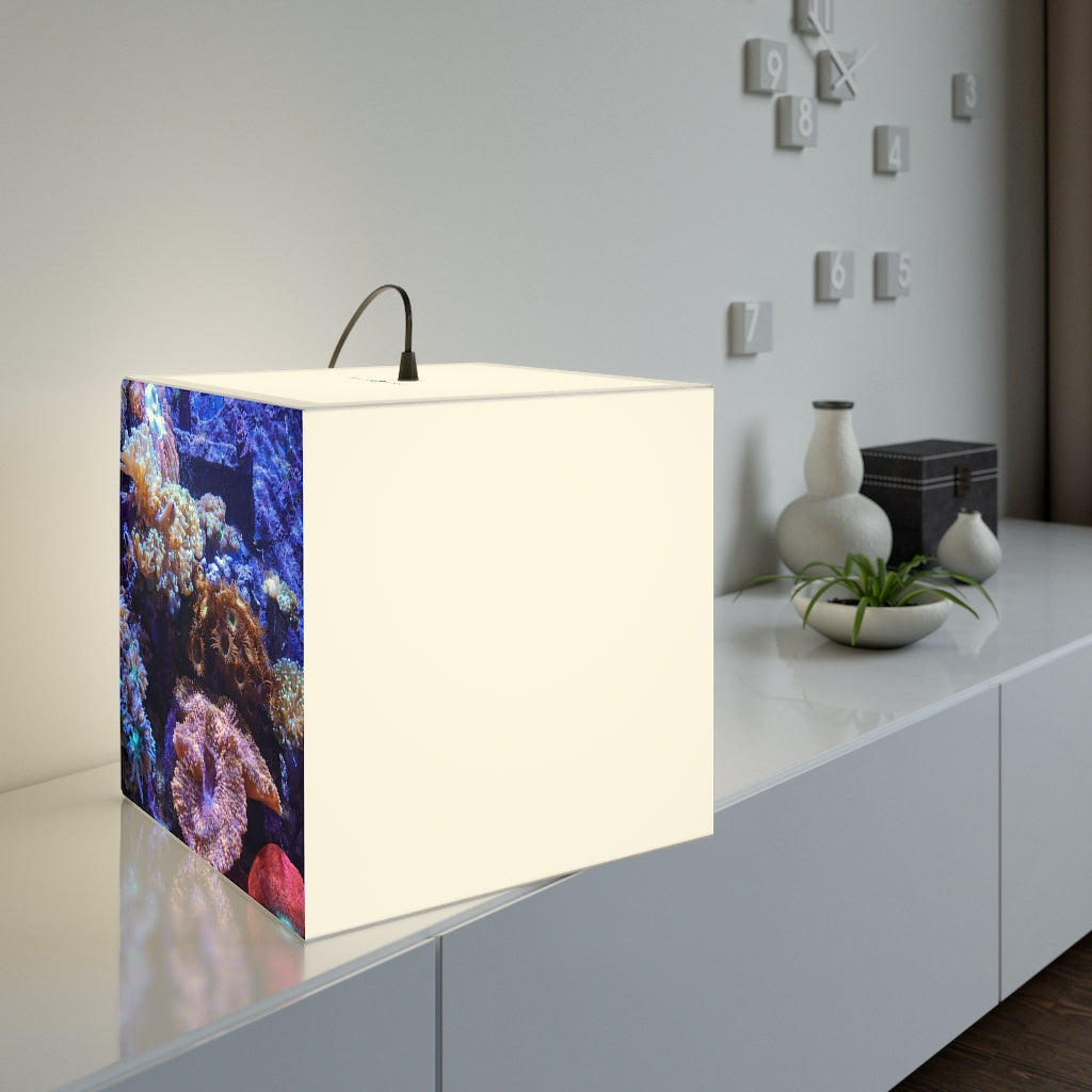 A stylish Aquarium Personalized Lamp in a cube shape, showcasing unique designs and soft lighting, perfect for indoor decoration.