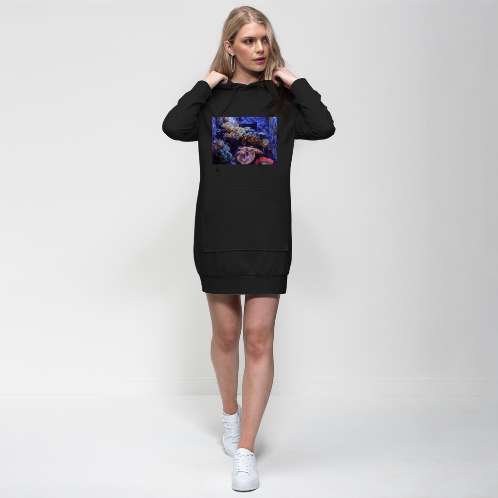 Aquarium Premium Adult Hoodie Dress featuring a relaxed fit, hood with drawstring, and kangaroo pouch pocket in a stylish design.