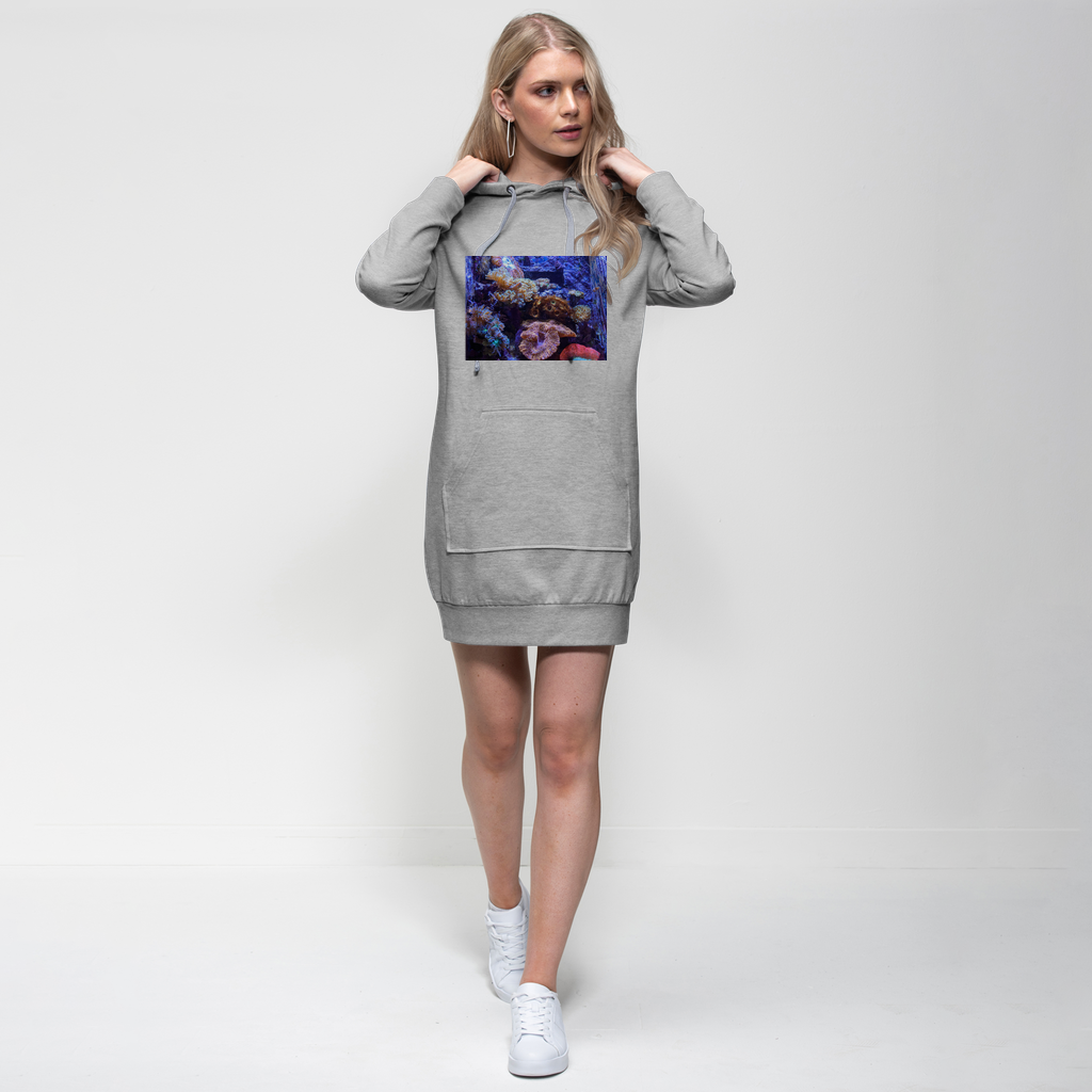 Aquarium Premium Adult Hoodie Dress featuring a relaxed fit, hood with drawstring, and kangaroo pouch pocket in a stylish design.