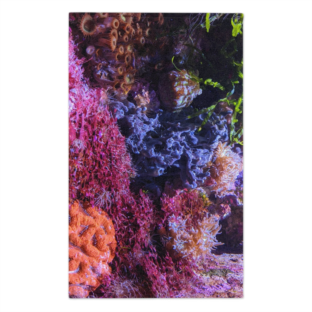 Aquarium Rally Towel measuring 11x18 inches, featuring a soft polyester front and absorbent cotton backing, ideal for personalization.