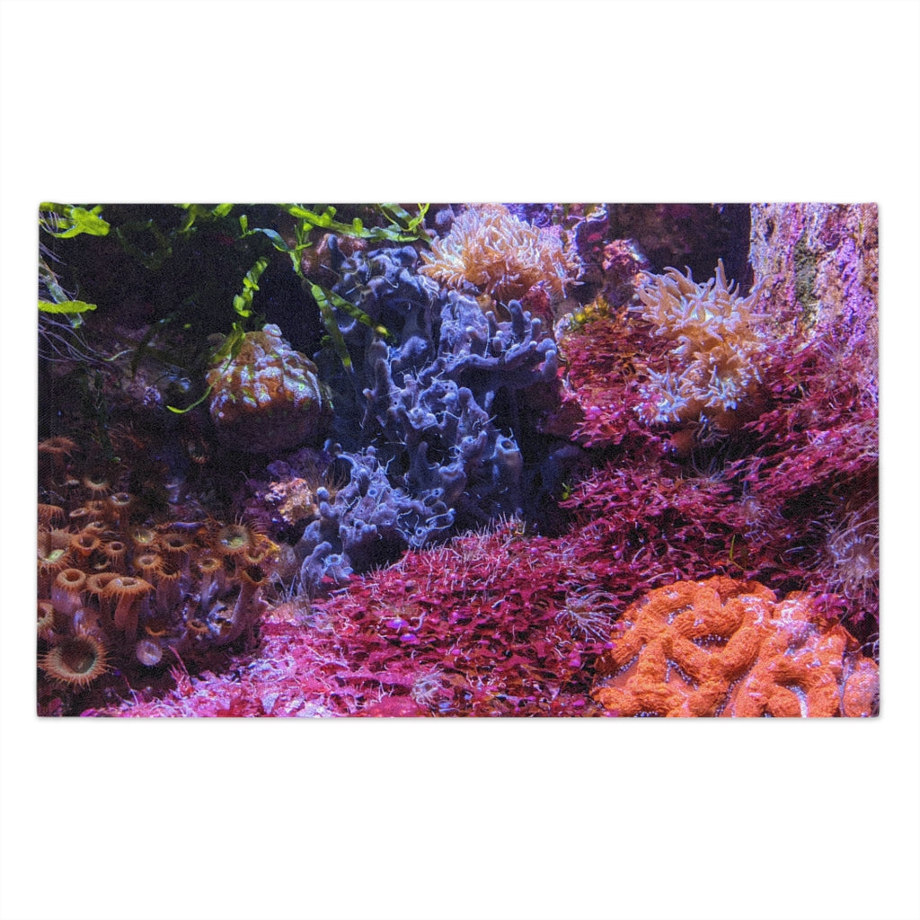 Aquarium Rally Towel measuring 11x18 inches, featuring a soft polyester front and absorbent cotton backing, ideal for personalization.