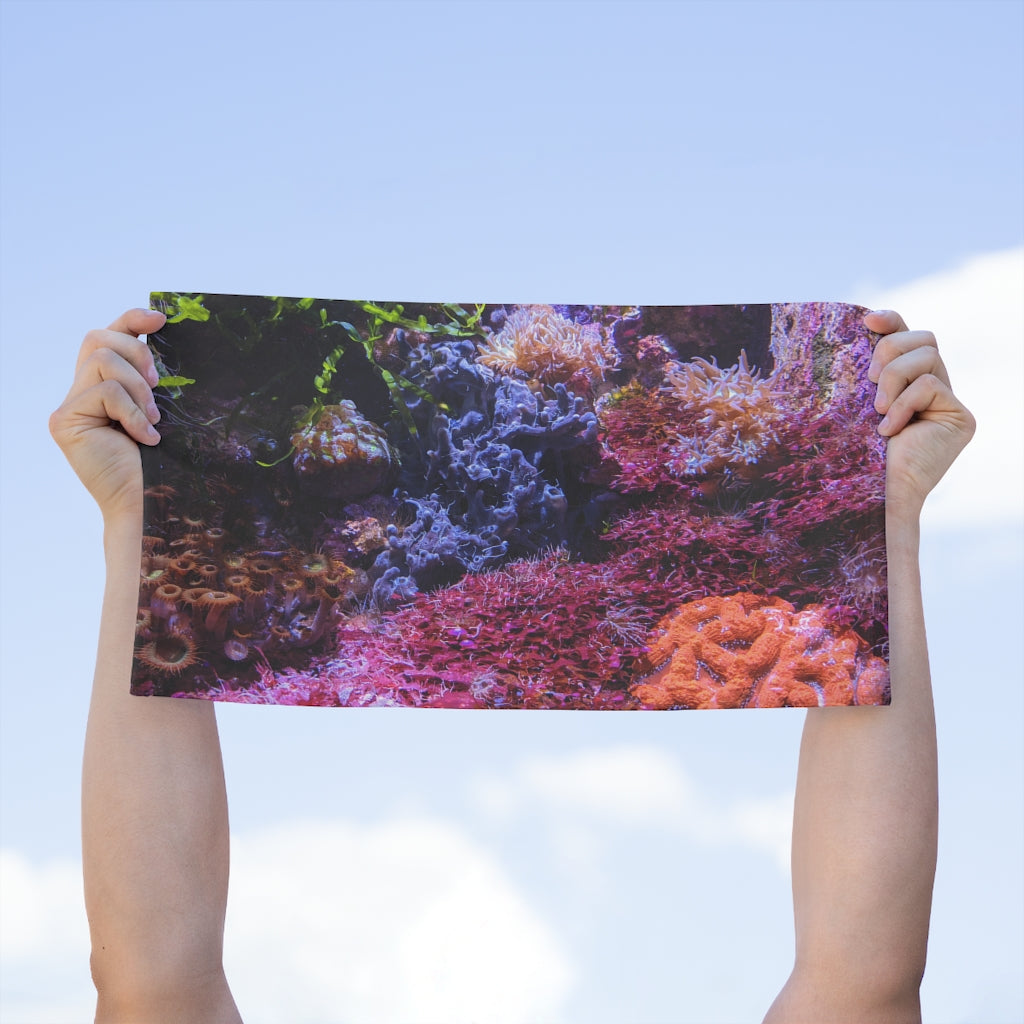 Aquarium Rally Towel measuring 11x18 inches, featuring a soft polyester front and absorbent cotton backing, ideal for personalization.