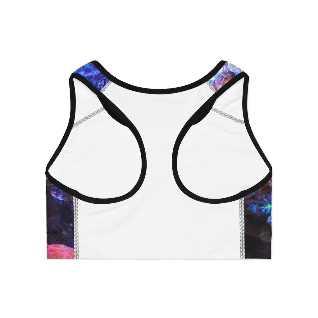 Aquarium Sports Bra featuring a customizable all-over-print design, compression fit, and double-layer front for enhanced support and comfort.