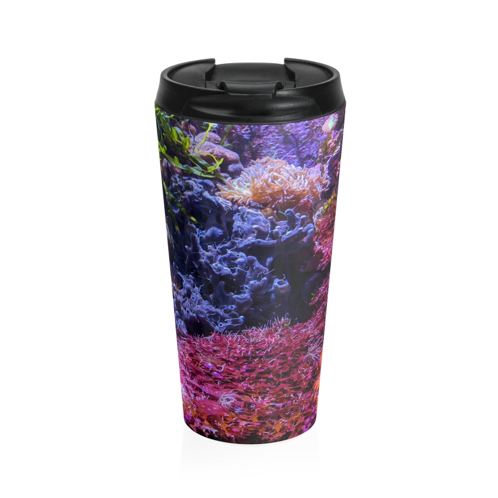 Aquarium Stainless Steel Travel Mug with black lid and vibrant design, perfect for coffee and tea lovers.