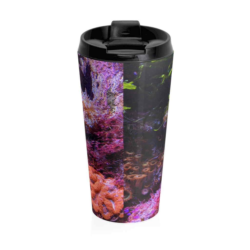 Aquarium Stainless Steel Travel Mug with black lid and vibrant design, perfect for coffee and tea lovers.