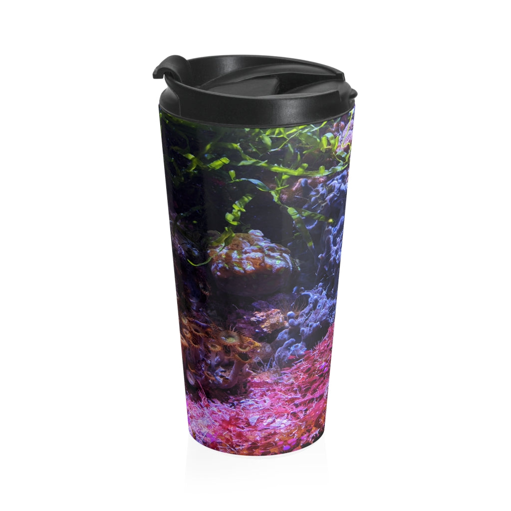 Aquarium Stainless Steel Travel Mug with black lid and vibrant design, perfect for coffee and tea lovers.