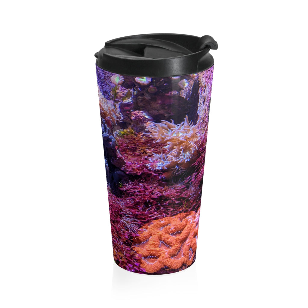 Aquarium Stainless Steel Travel Mug with black lid and vibrant design, perfect for coffee and tea lovers.